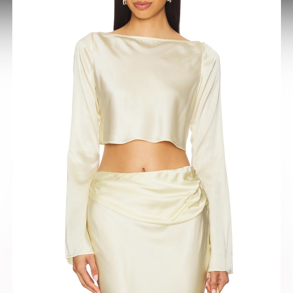 Satin Crop Long Sleeve Top in Ivory